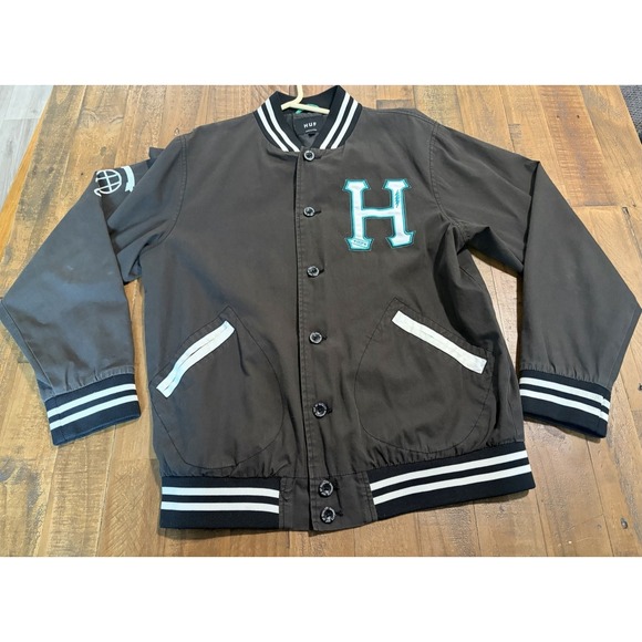 HUF Other - Huf Bomber Jacket Mens Large Black White Skater Full Button "HUF dirtbags"